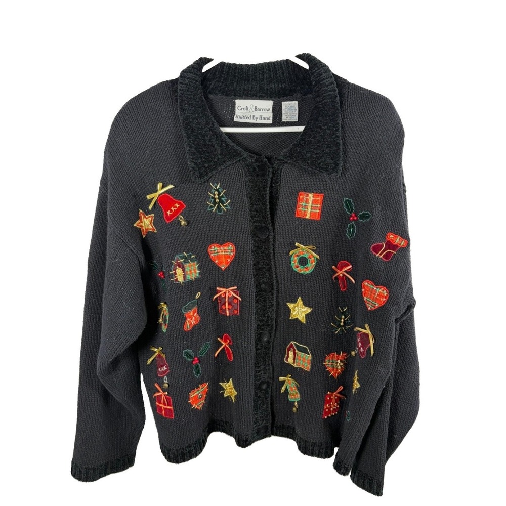 Vintage 90s Croft & Barrow Christmas Cardigan Sz L Hand Knit Embroidered Sweater
